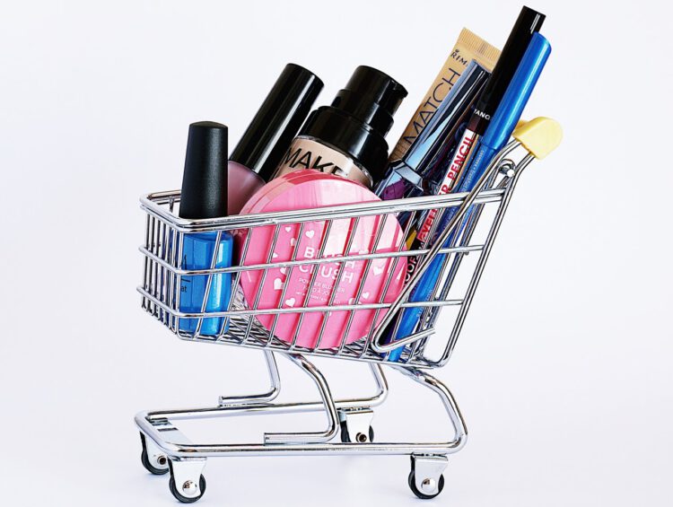 Makeup products are in a tiny trolley
